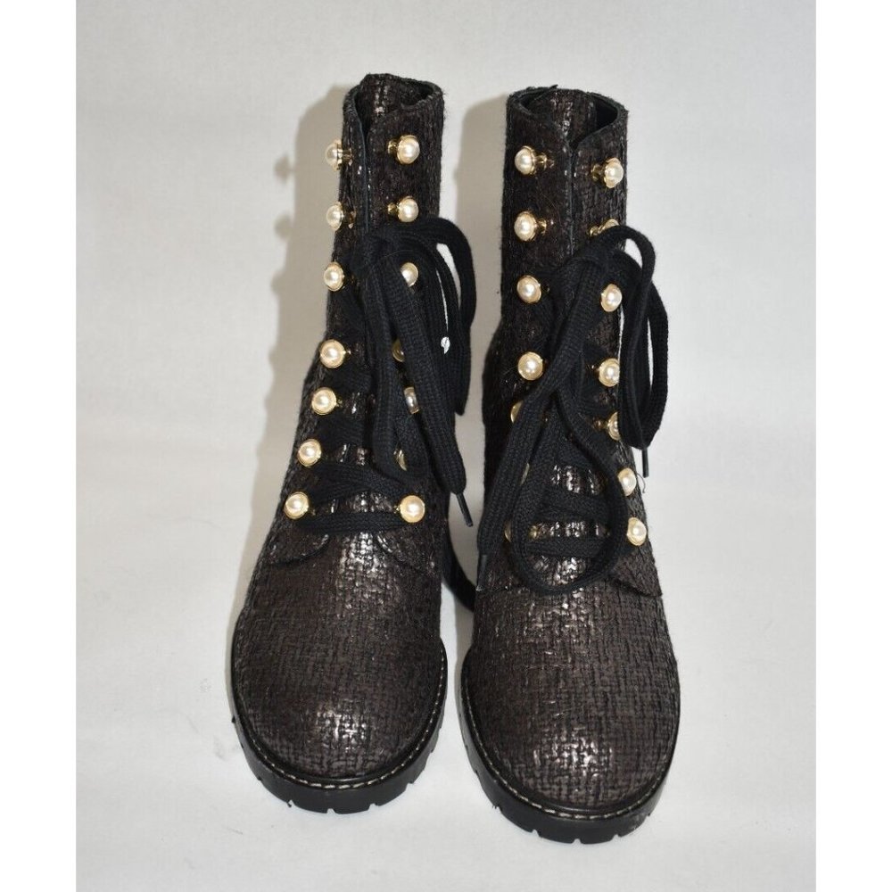 $750 STUART WEITZMAN Ivey Tweed High Block Heel Combat Boots COFFEE 7.5 (PA29) - Picture 3 of 8